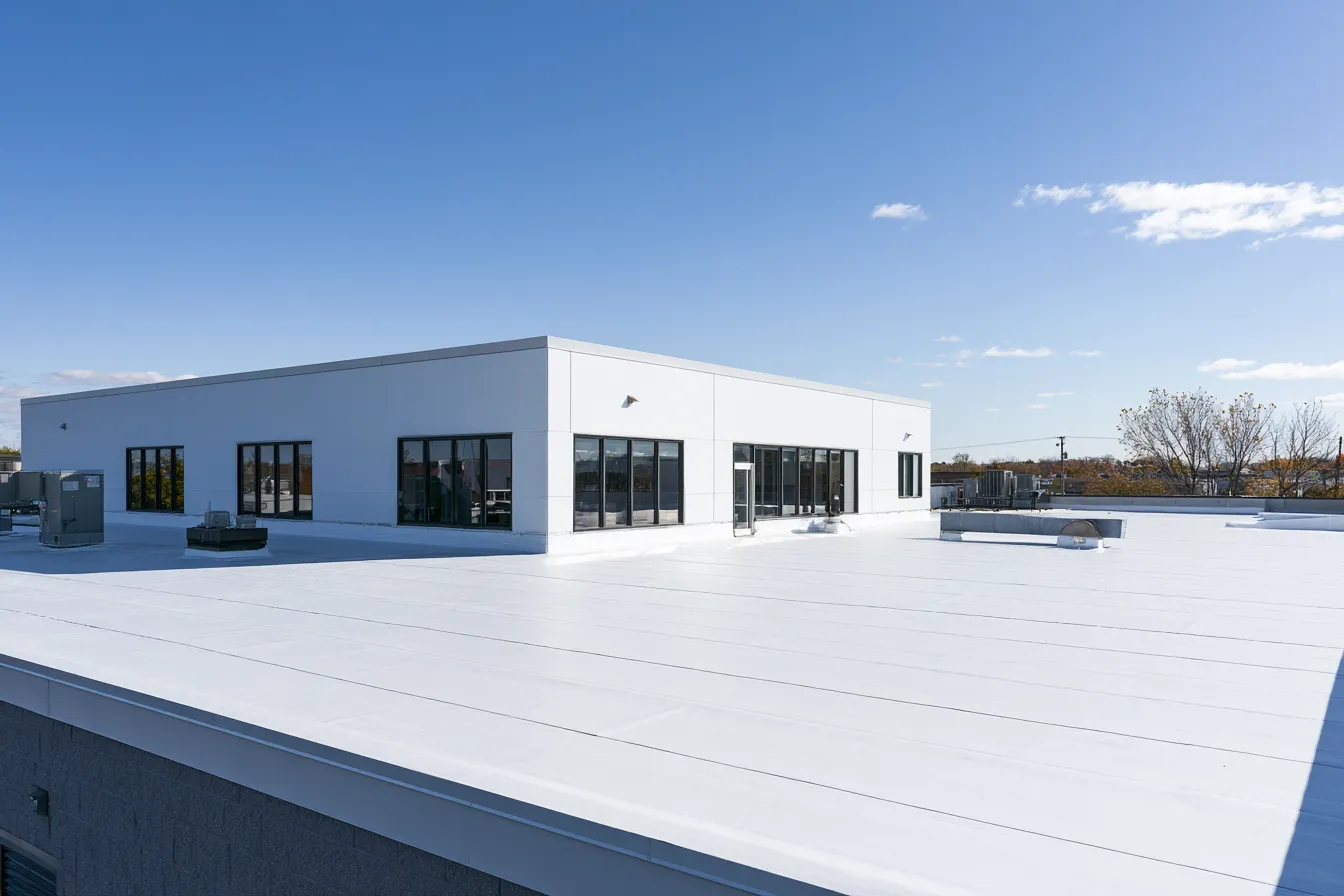 Rooftop units on a white membrane roof over a single-story office building