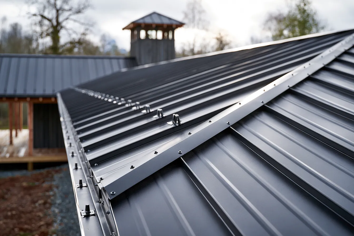 Ridge fasteners line a dark gray standing seam metal roof with a tower in the distance