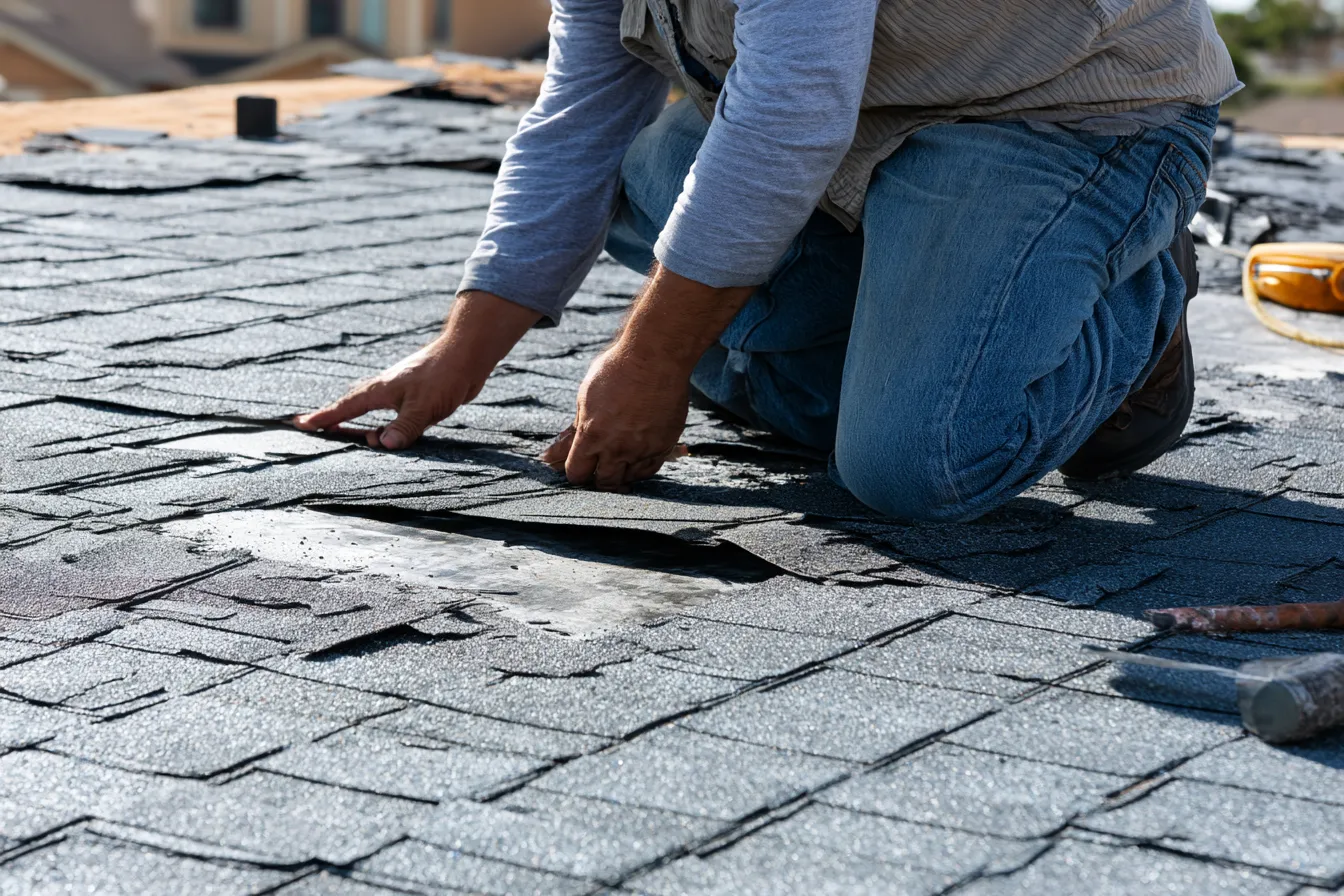 Roofer kneeling to inspect a damaged patch of gray shingles